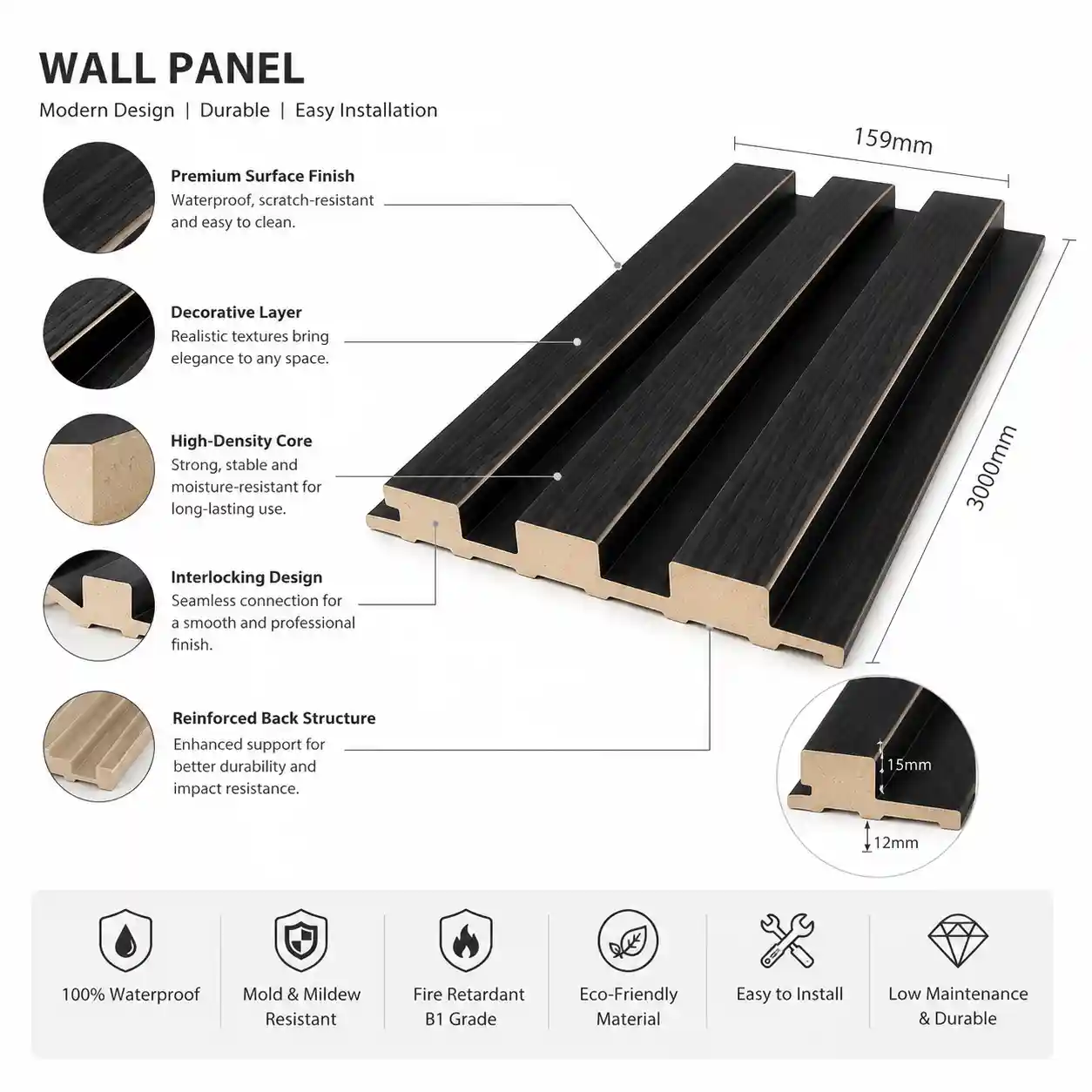 12mm solid-profile fluted wall panel with balanced groove depth