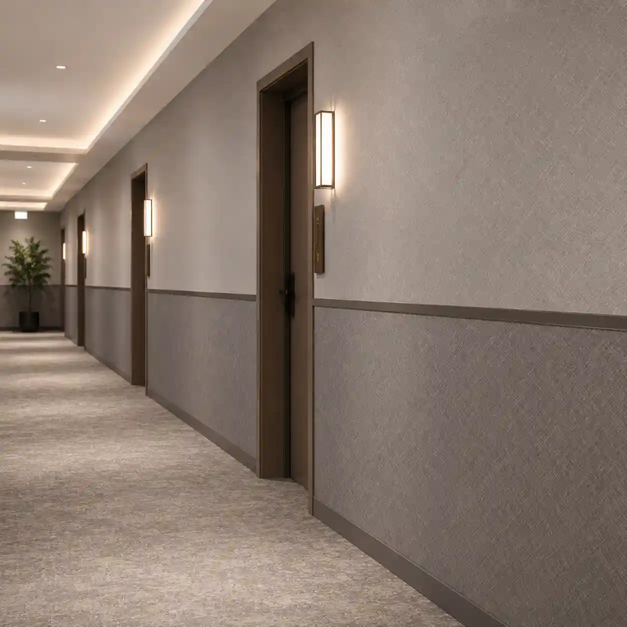 Anti-collision wall boards installed in a high traffic hotel corridor
