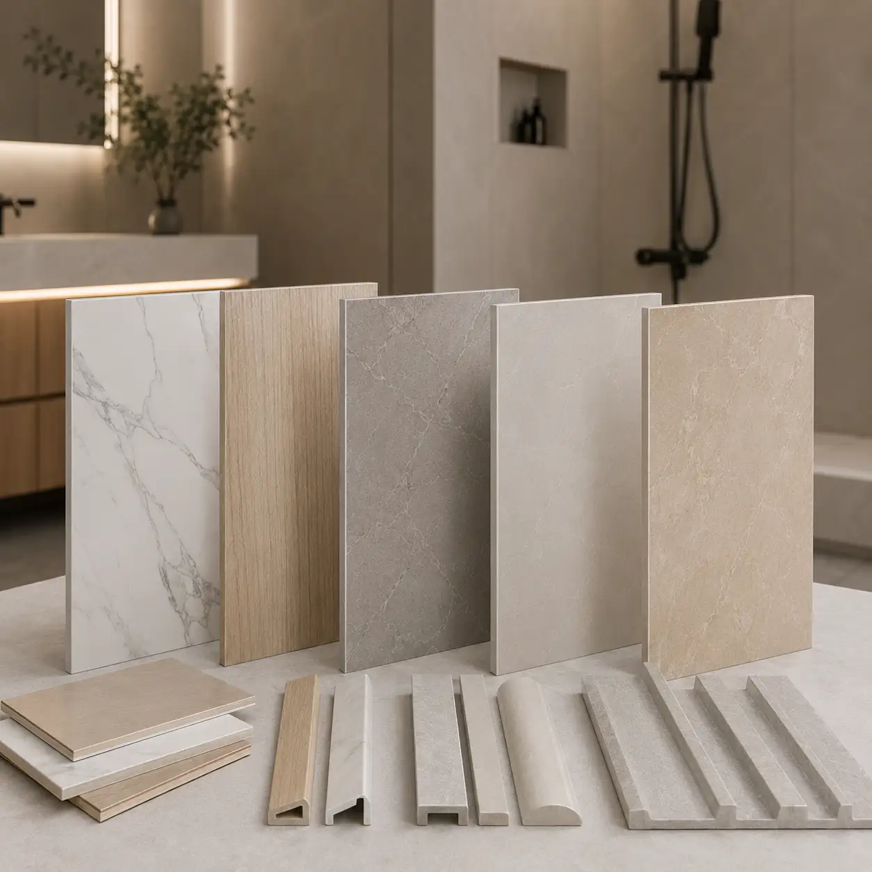 Bathroom wall panel samples in marble, wood grain and stone finishes for renovation selection