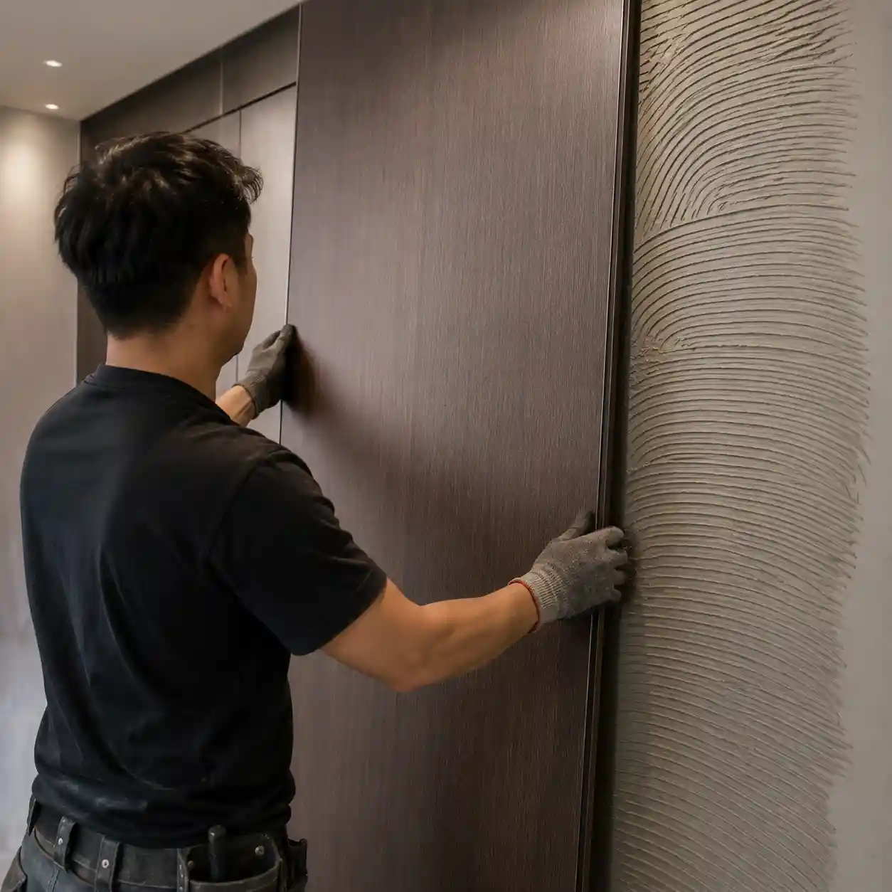 Carbon crystal wall panel trim detail for clean installation edges