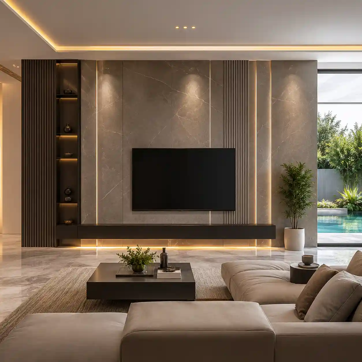 Carbon crystal wall panels for living room feature wall design