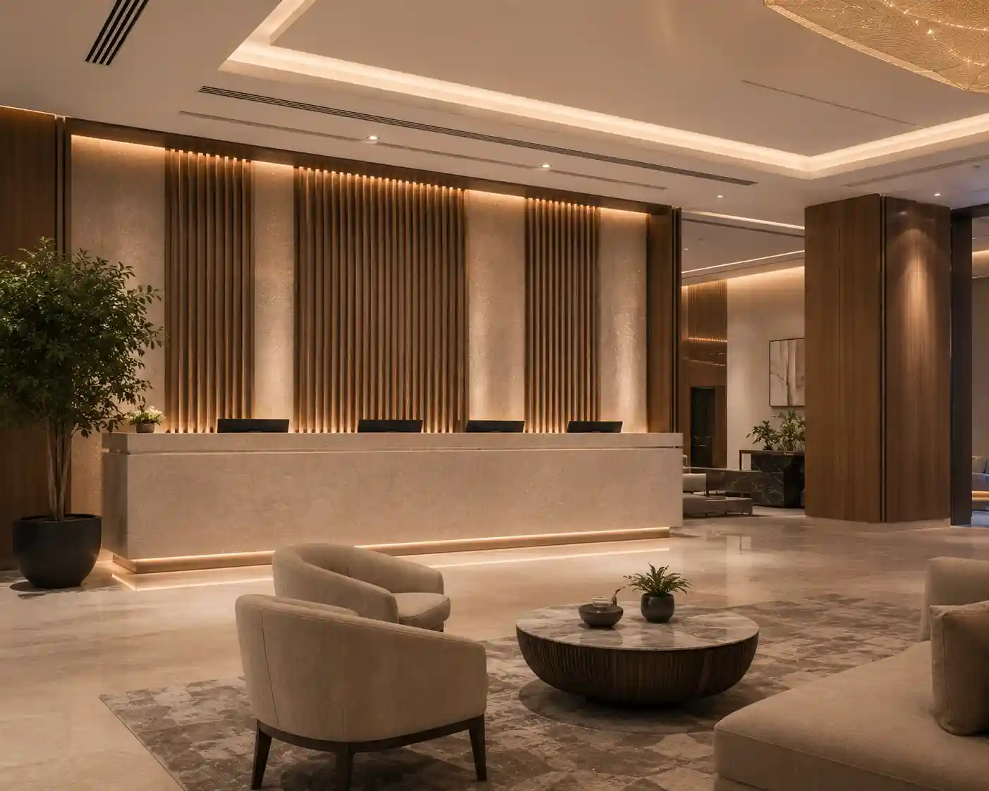 Fluted wall panels in completed Dubai hotel lobby
