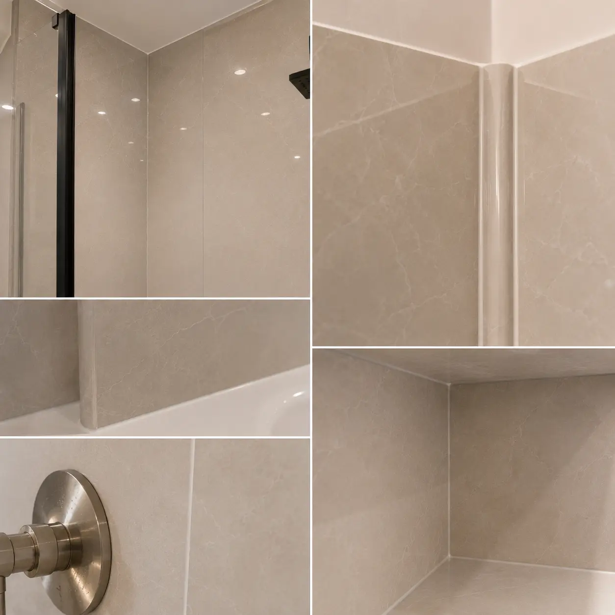 Grout-free shower wall panels with sealed joints, corner trims and waterproof edge details