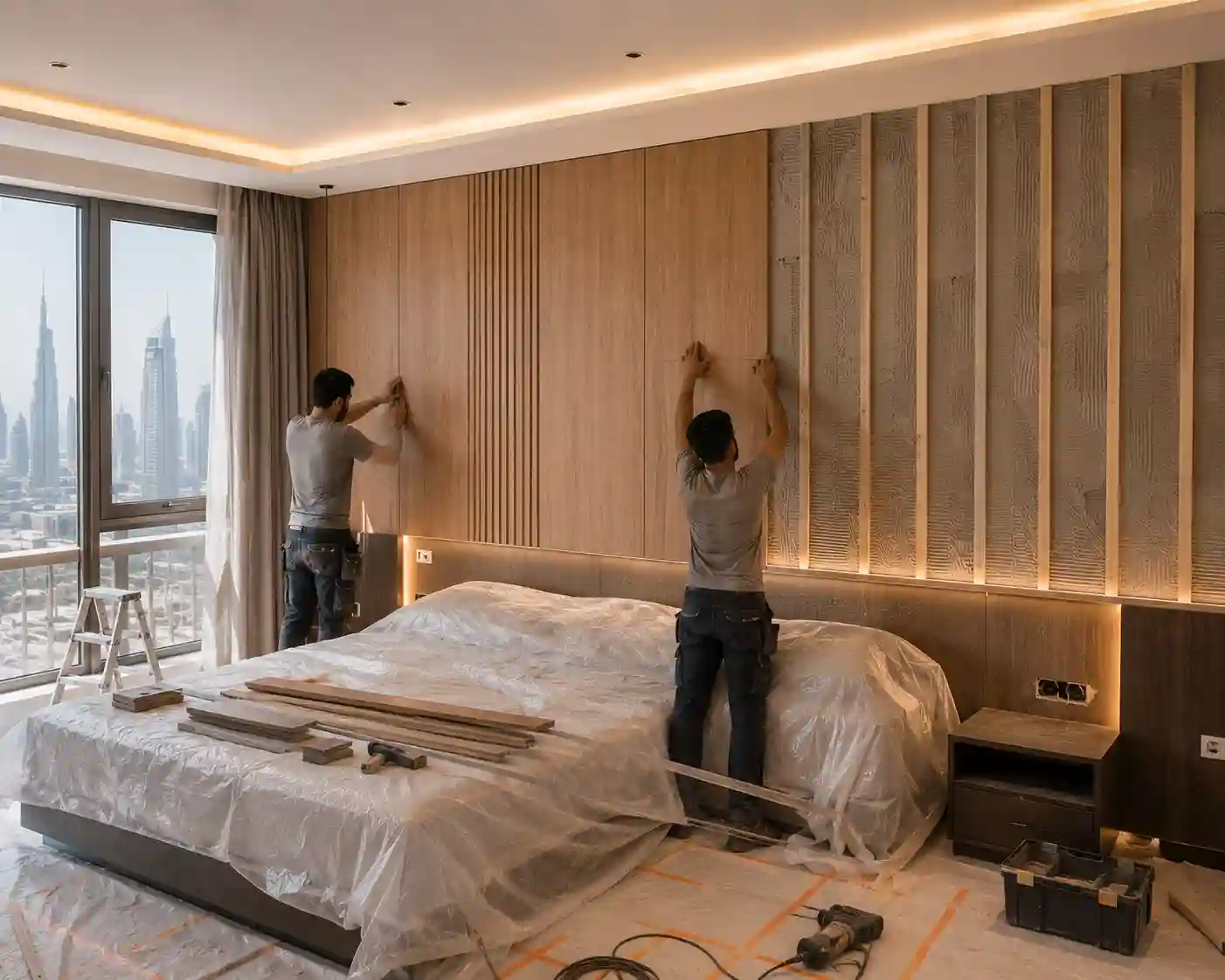 WPC wall panel installation in a Dubai hotel guest room
