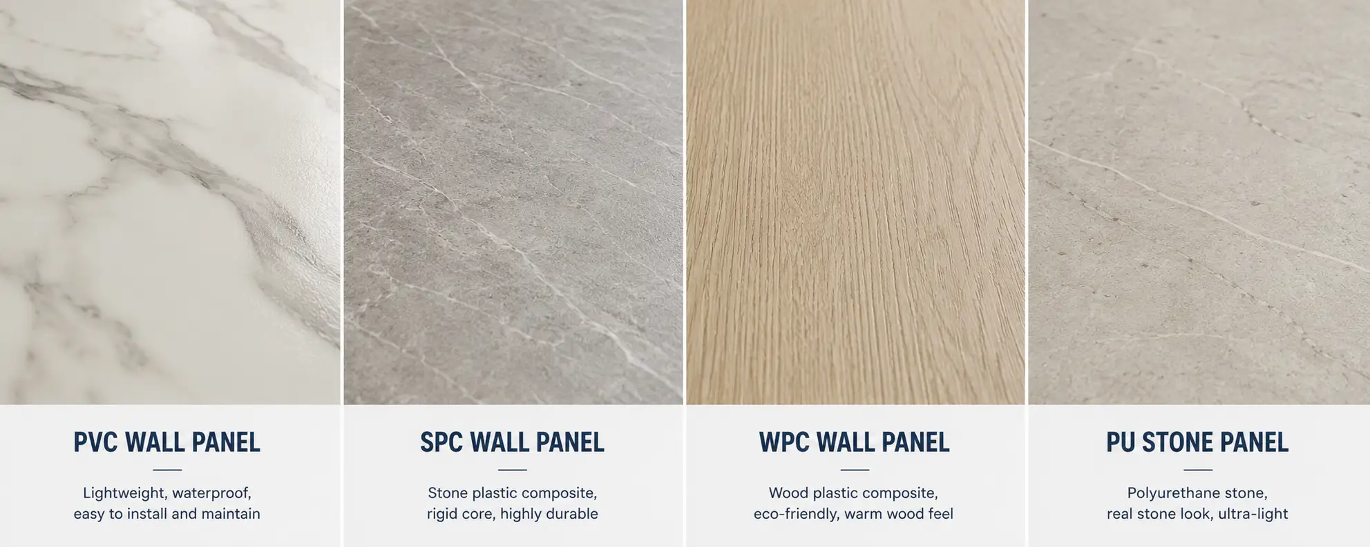 PVC SPC WPC and PU stone wall panel material comparison for wet areas