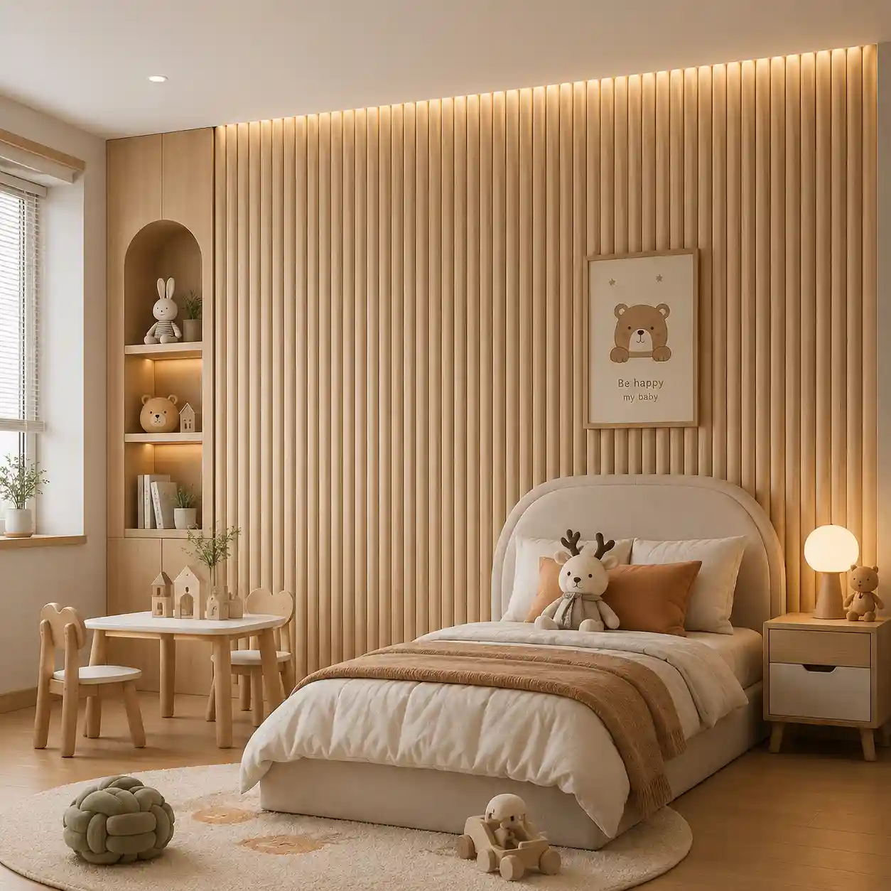 Round fluted panel used for bedroom headboard wall