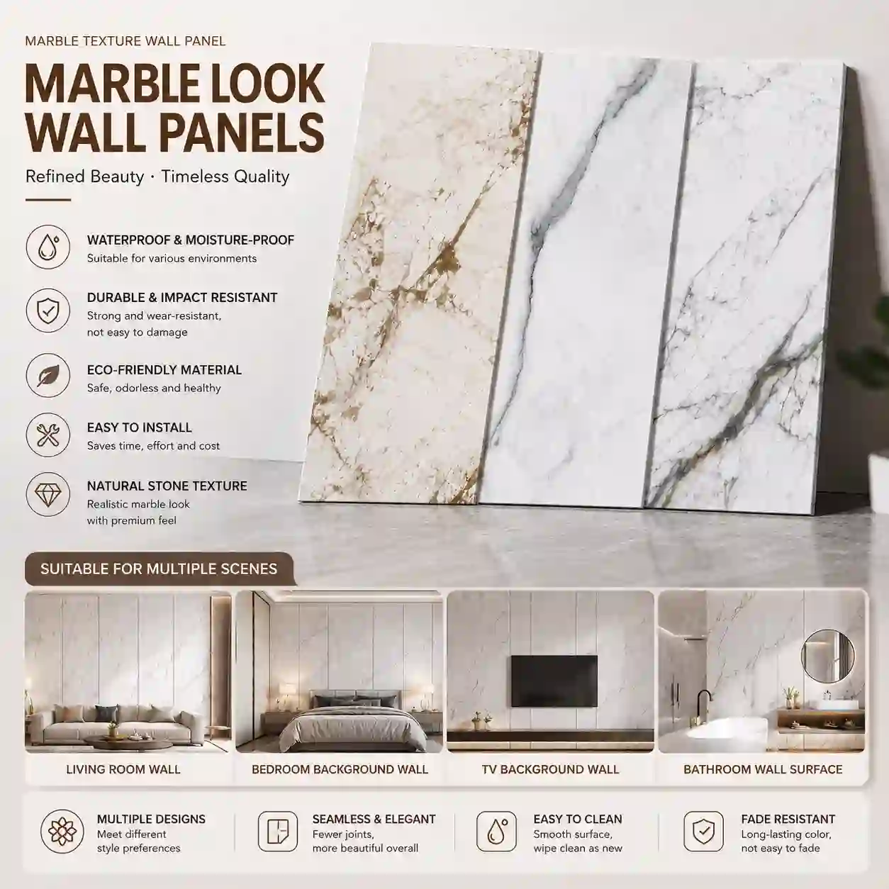 Waterproof marble look SPC wall panel surface for wet area decoration