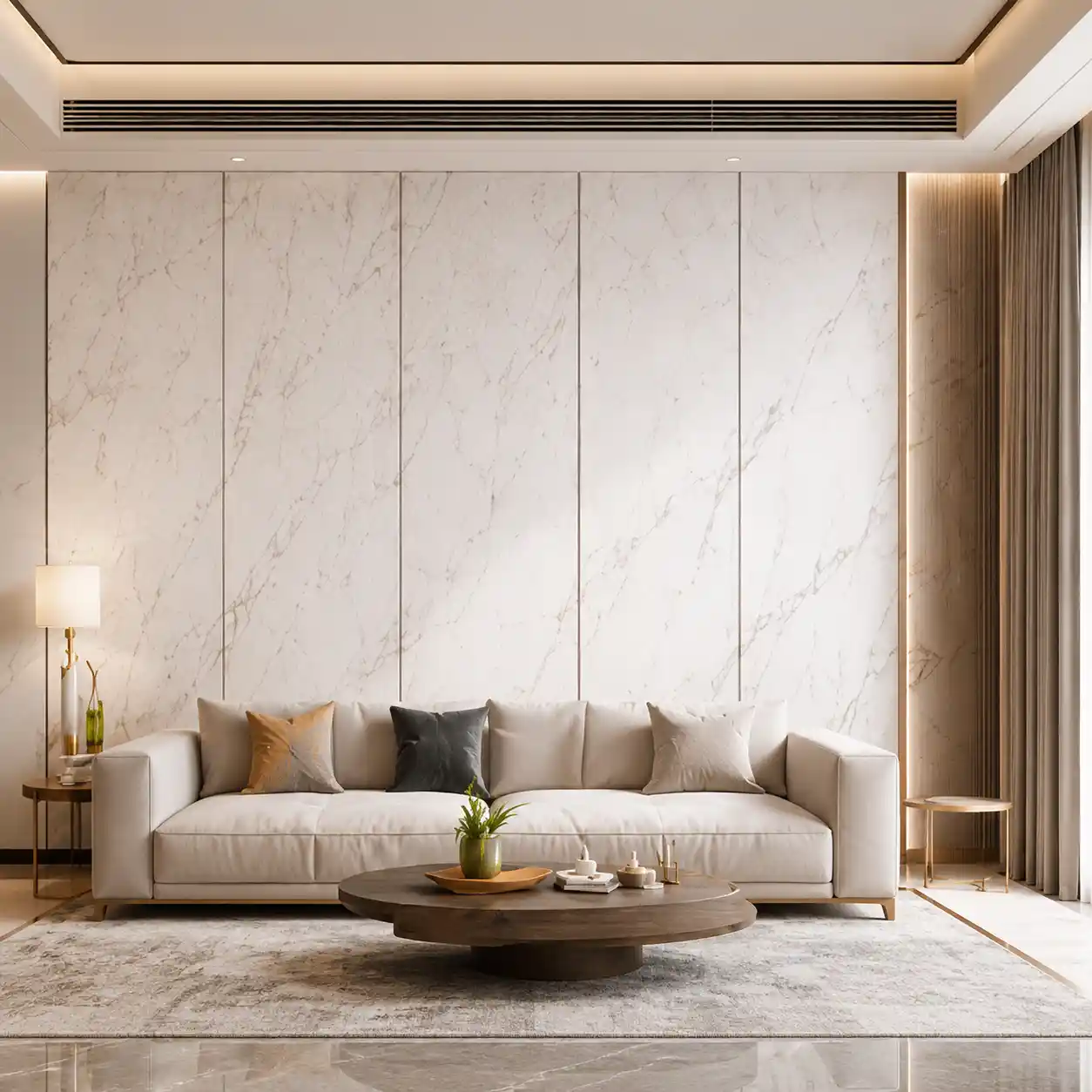 SPC marble wall panel with clean trim joint for professional installation