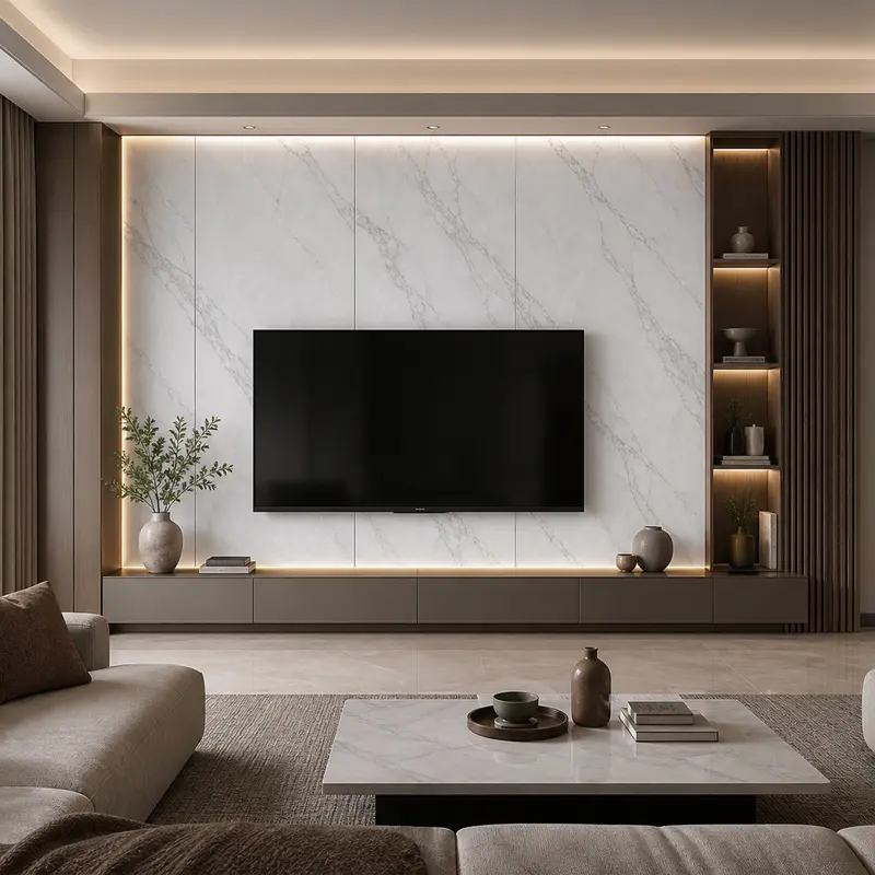 SPC wood look wall panels installed in a modern living room application