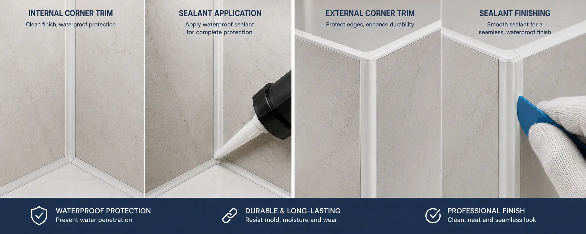 Wall panel corner trim and waterproof sealant installation detail