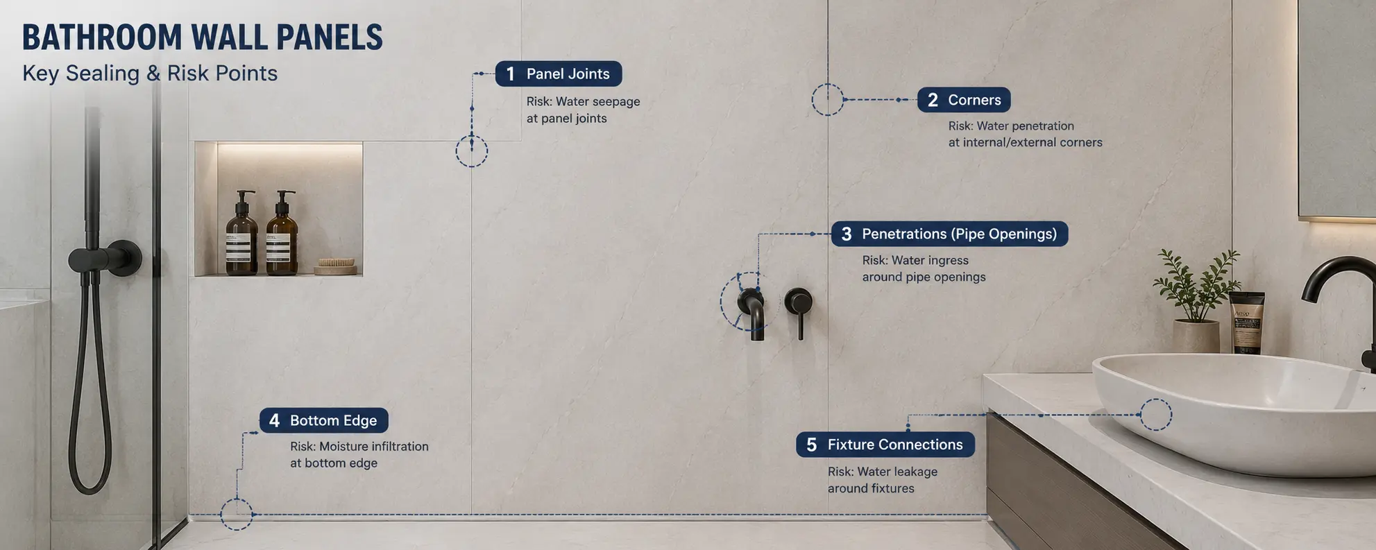Common wall panel leak points including joints corners edges and pipe openings
