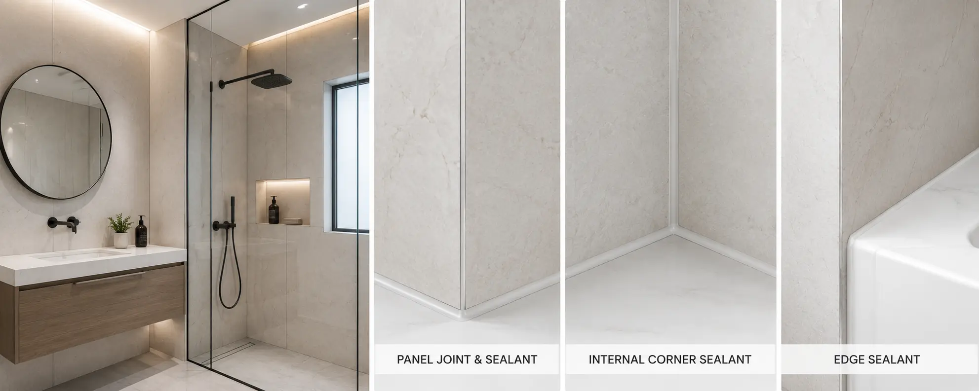 Waterproof wall panels joint sealing guide for bathrooms and wet areas