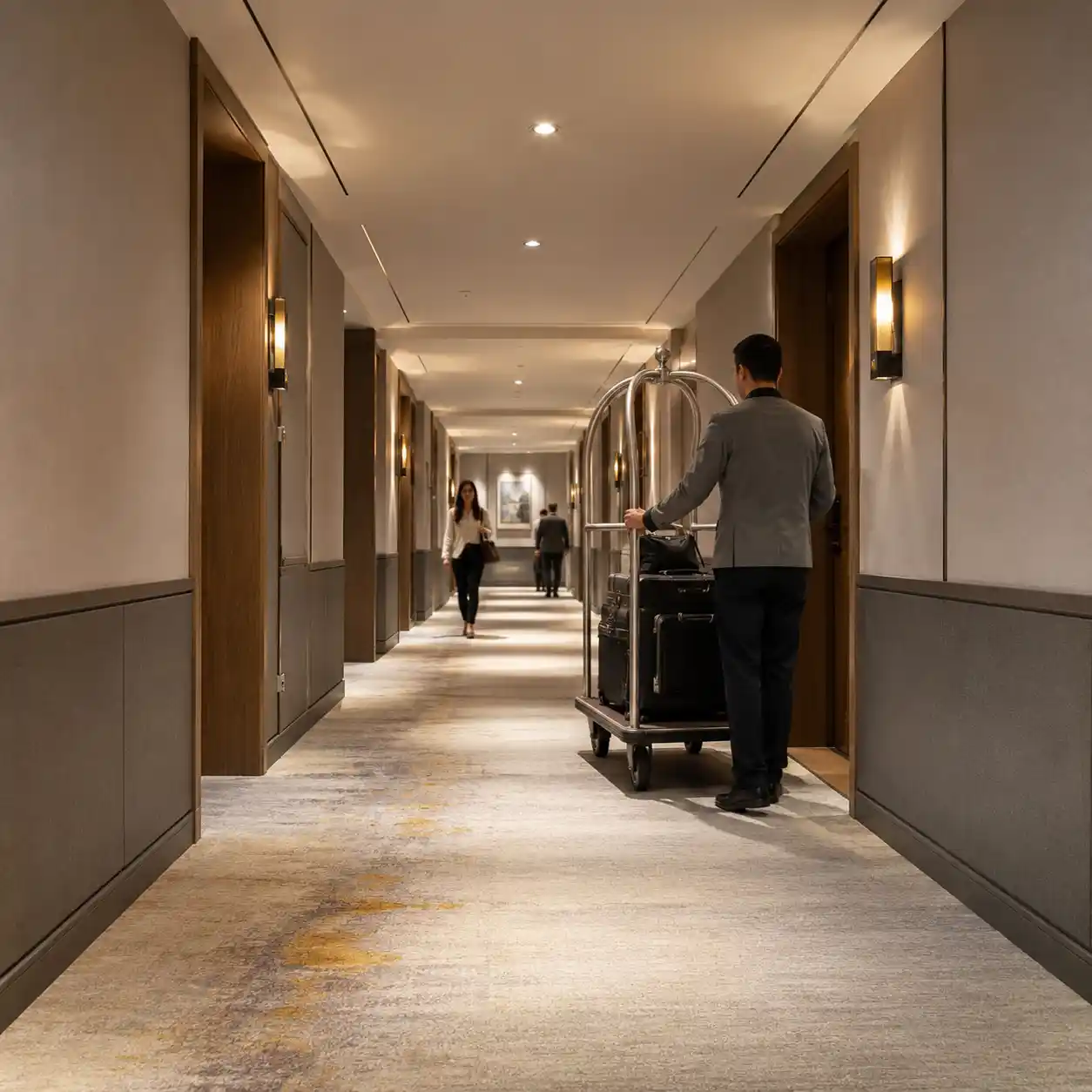 Anti-collision wall boards installed in a high-traffic hotel and hospital corridor