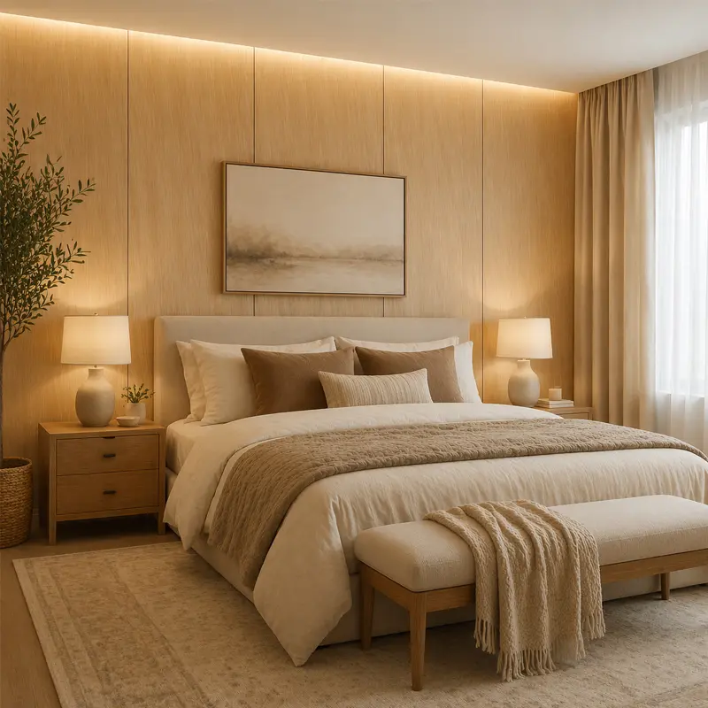 Bedroom PVC wall panel installed behind a headboard