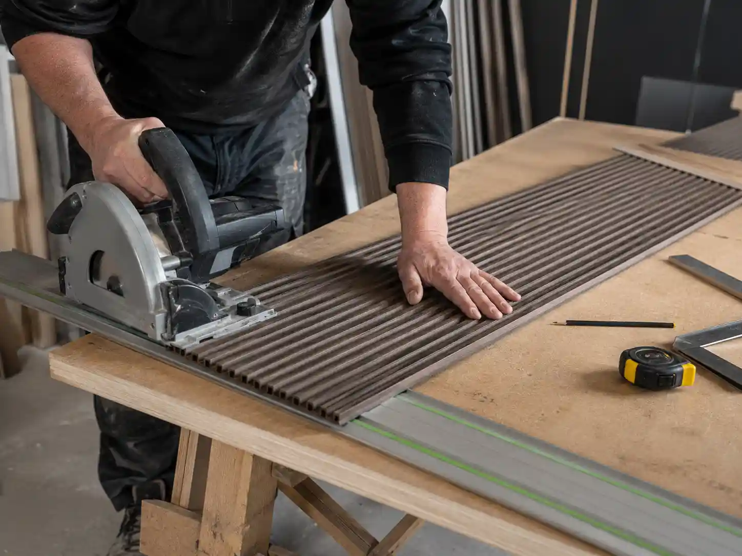 Cutting WPC fluted wall panel to size before installation