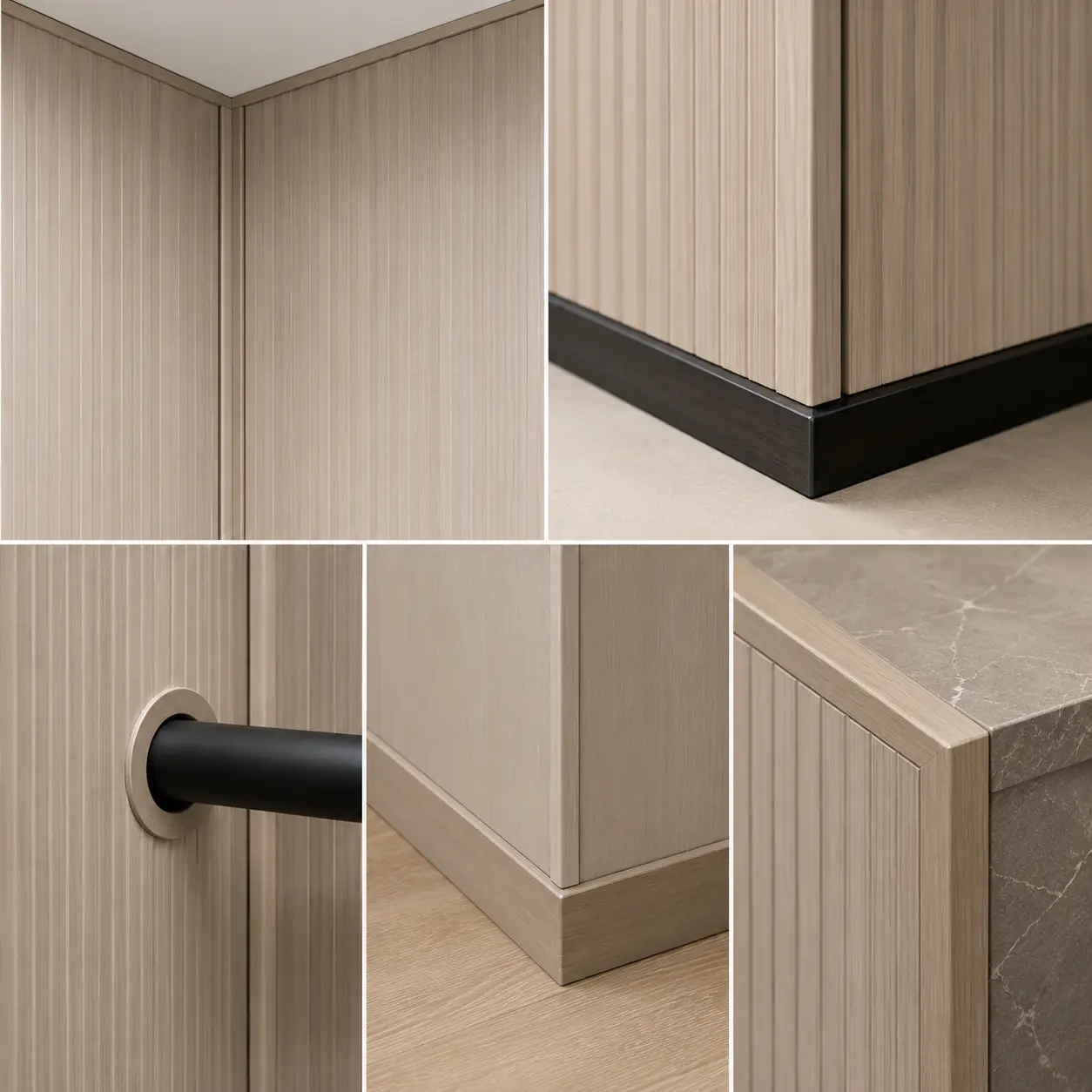 Wood grain and color finish options for fluted wall panels in modern interiors