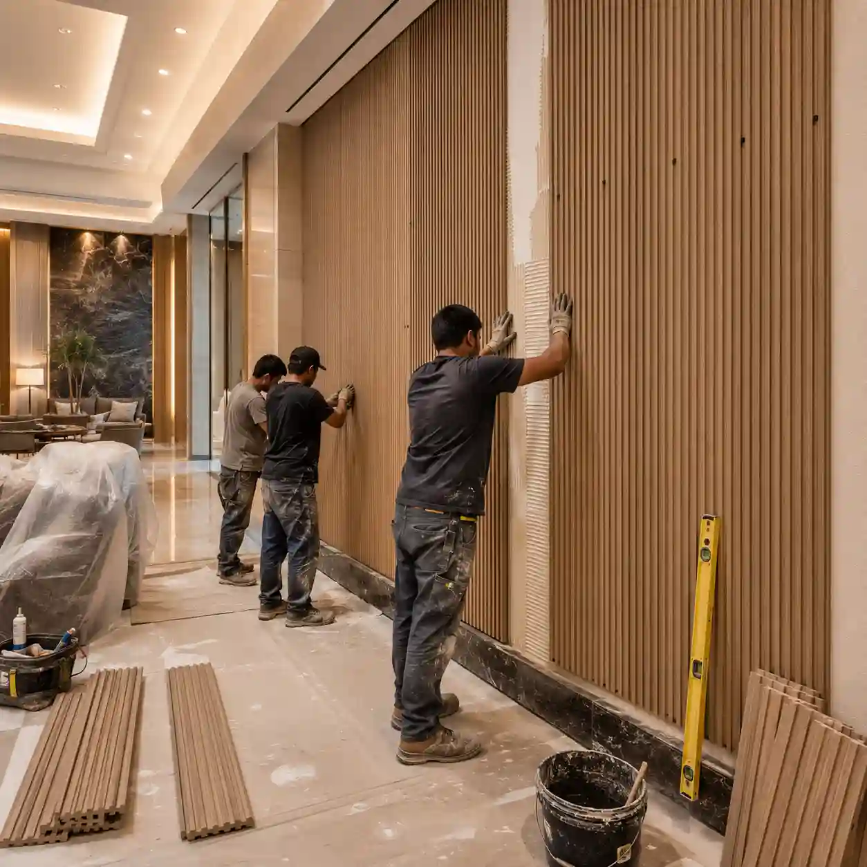 Fluted wall panel installation for a hotel lobby feature wall