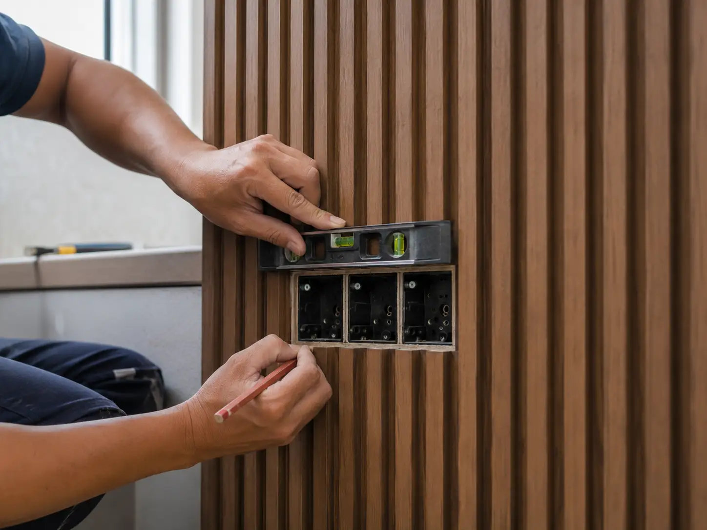 Outlet cutout detail on fluted wall panel installation