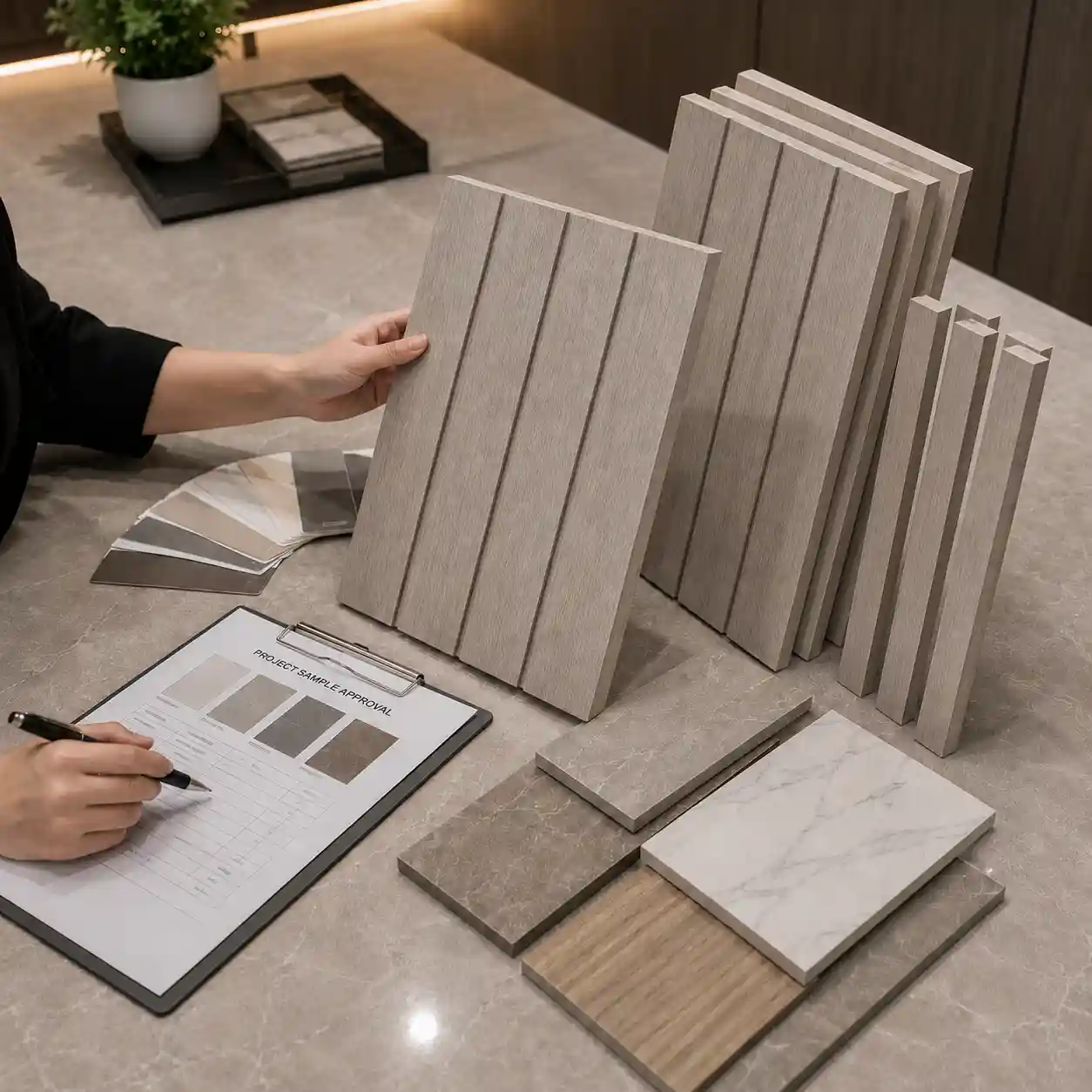 fluted wall panels used as a feature wall for homes, villas and commercial interiors
