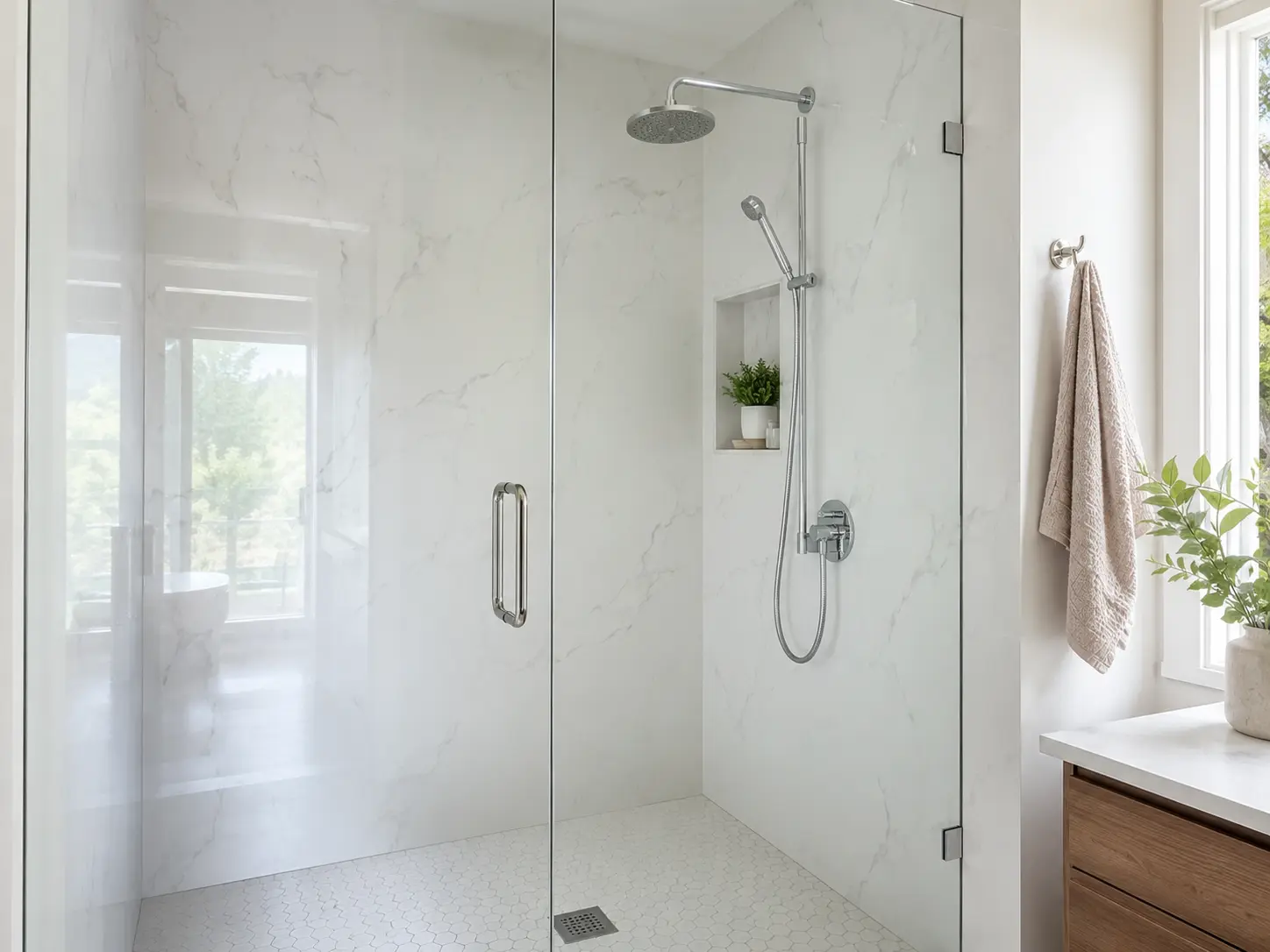 Grout-free shower wall panels in a hard water bathroom with easy-clean surface