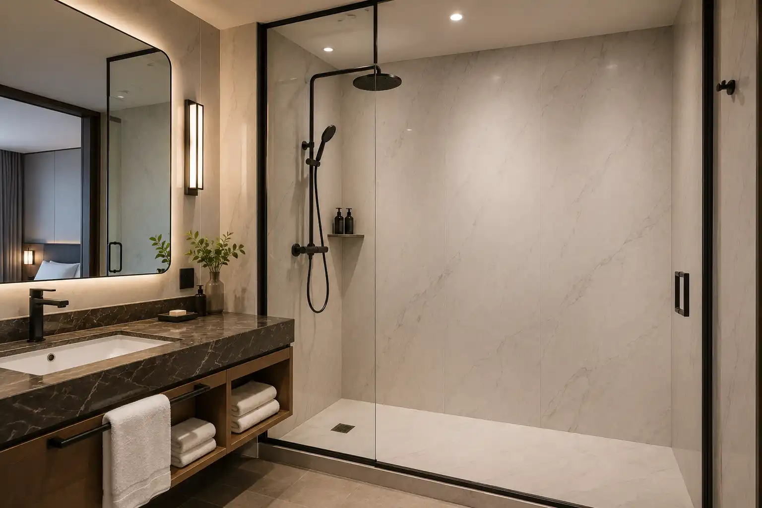 Hotel bathroom shower wall panels for commercial renovation project