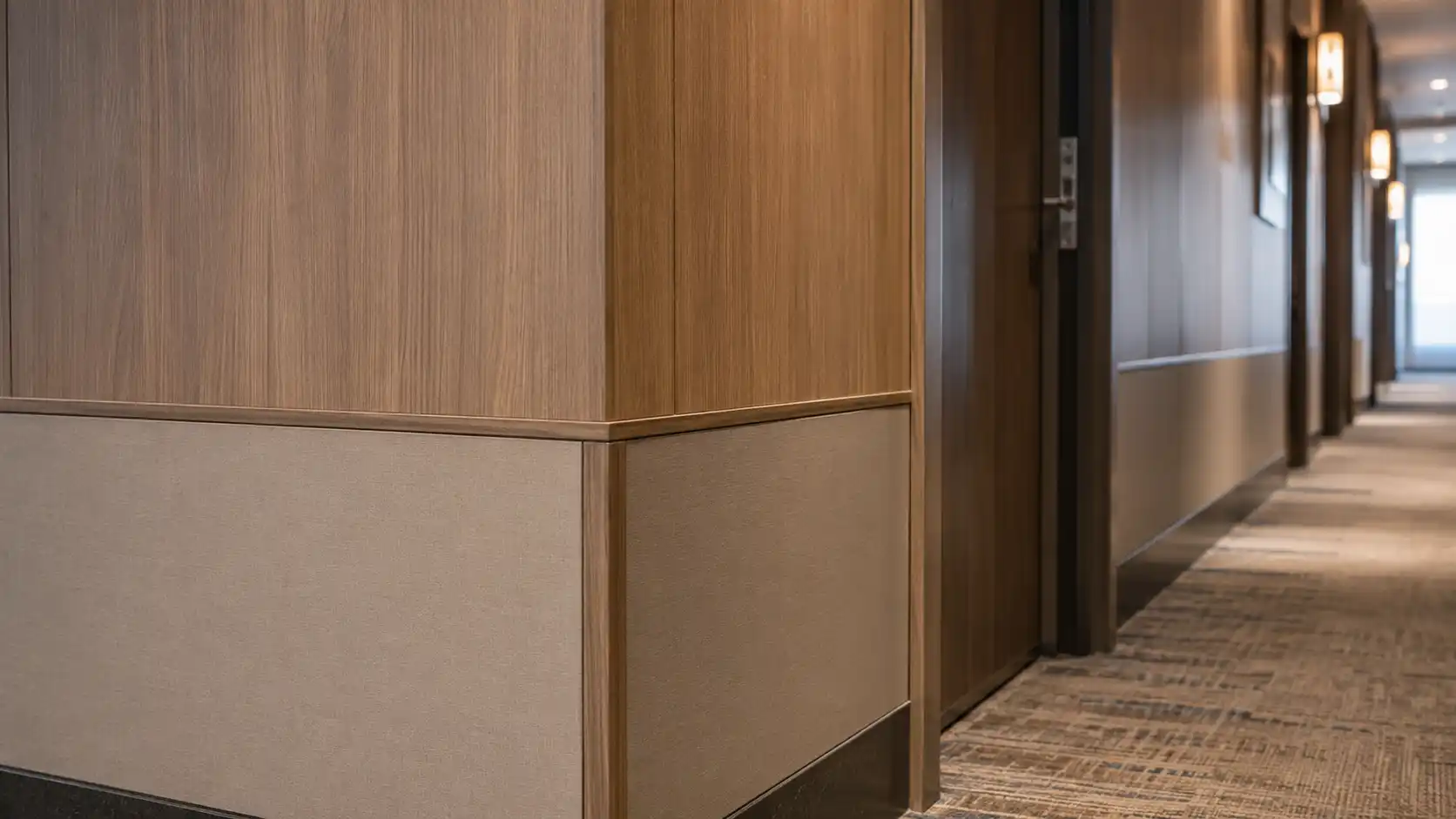 Hotel corridor wall panel corner trim and door frame detail for anti collision protection