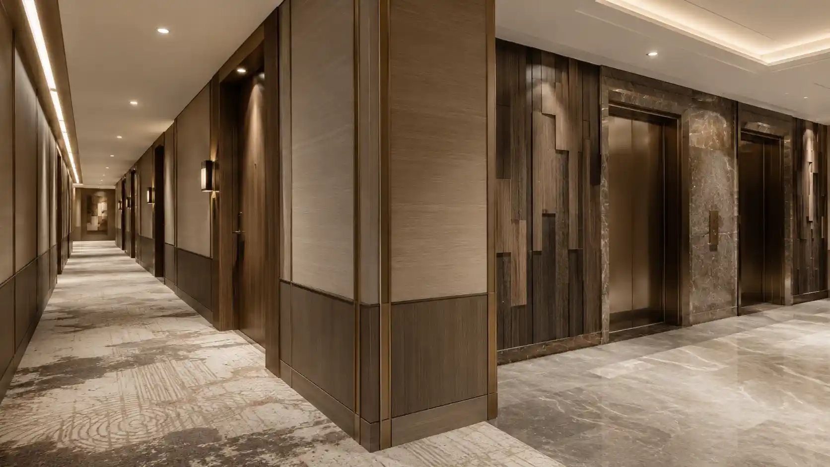 Hotel corridor wall panel zone layout for lower wall corners door areas and elevator lobby