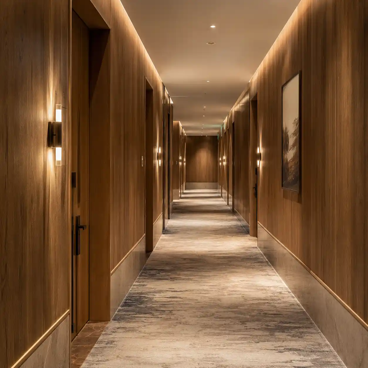 Hotel corridor wall panels designed to reduce luggage scuffs and daily maintenance