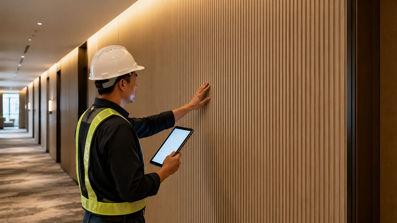Final inspection of fluted wall panel installation for hotel project