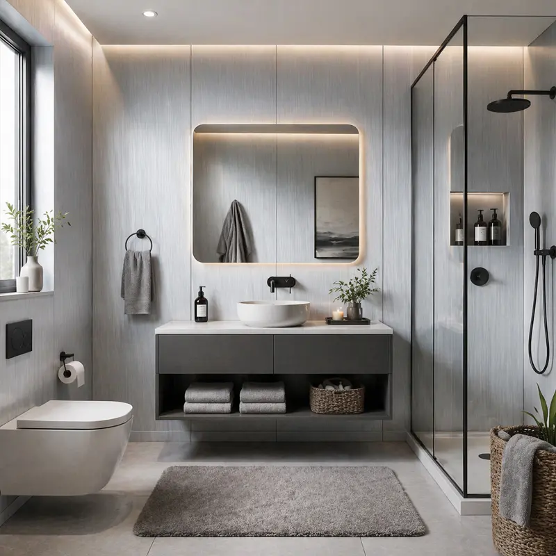 PVC shower wall panels installed in a grout-free bathroom