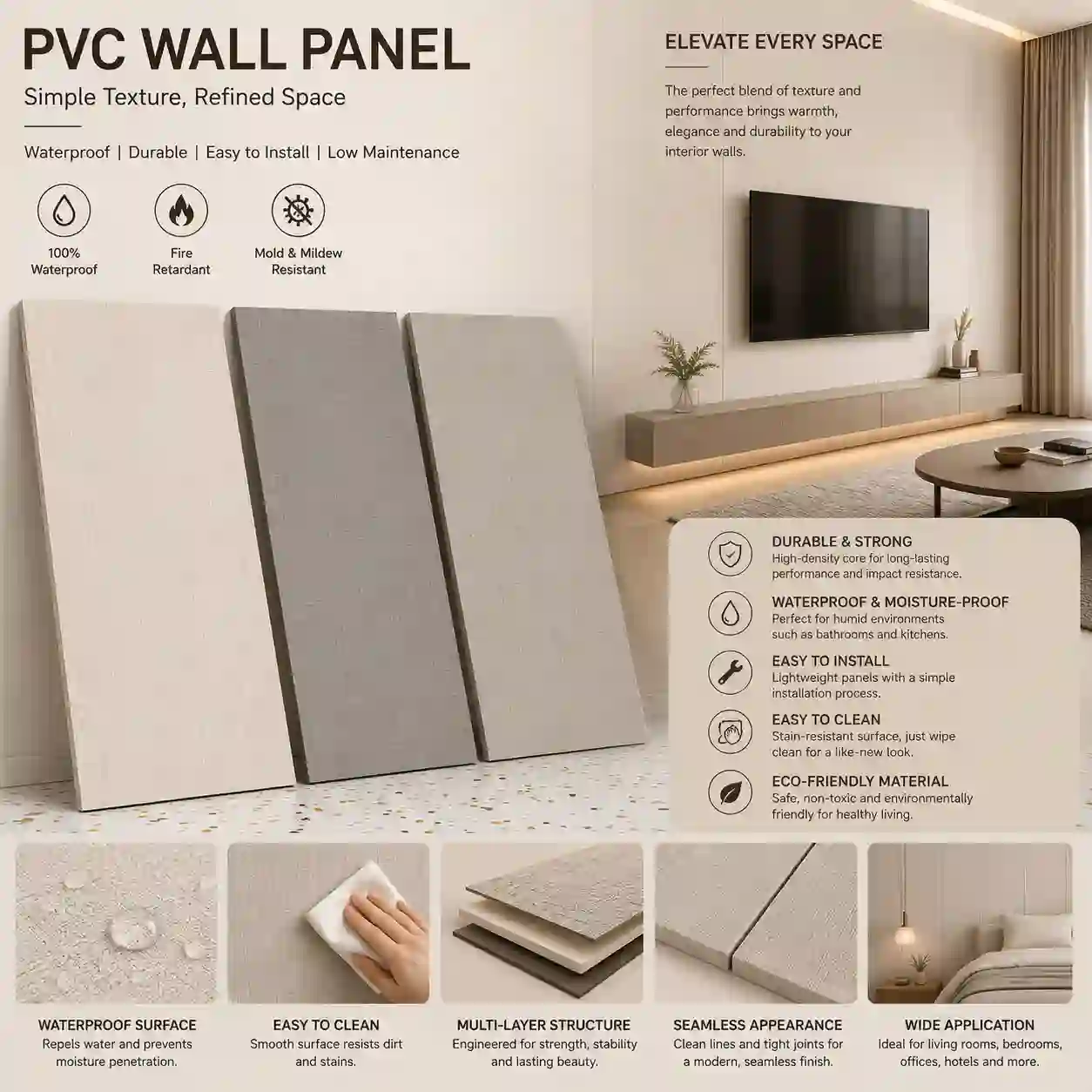 Easy-clean surface of PVC wall cladding for commercial interiors