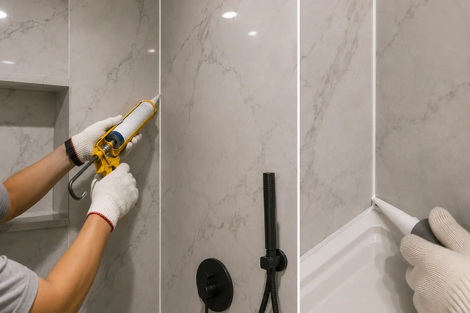 Shower wall panel joint sealing and corner trim detail