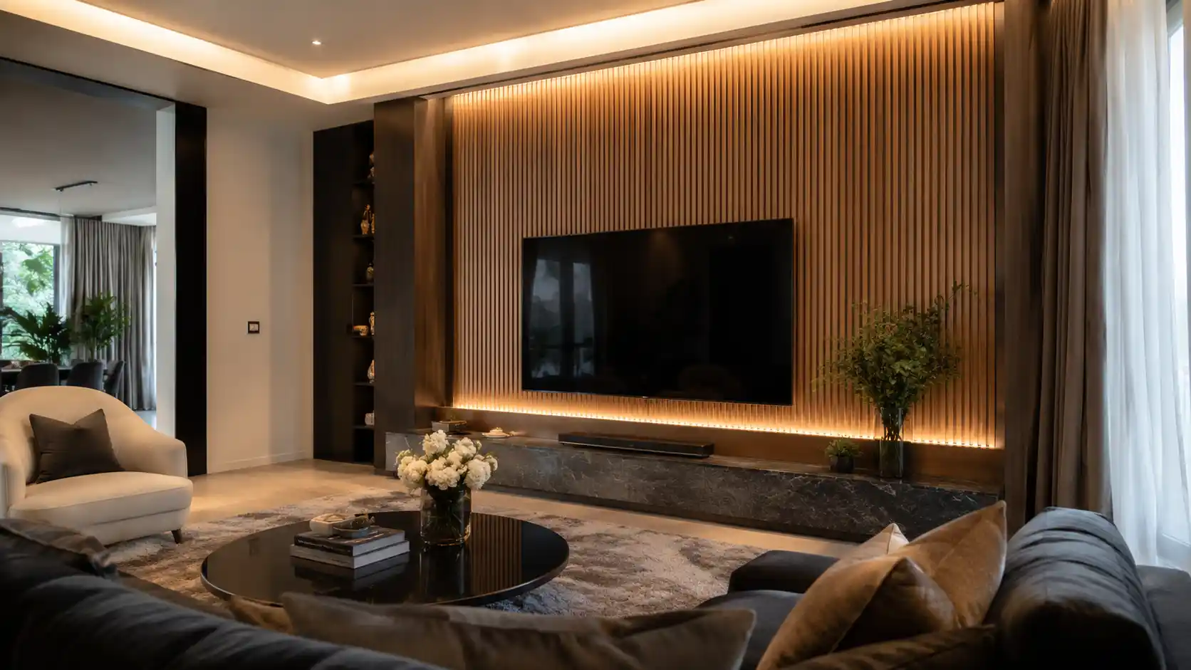 Finished fluted wall panel feature wall in a villa living room