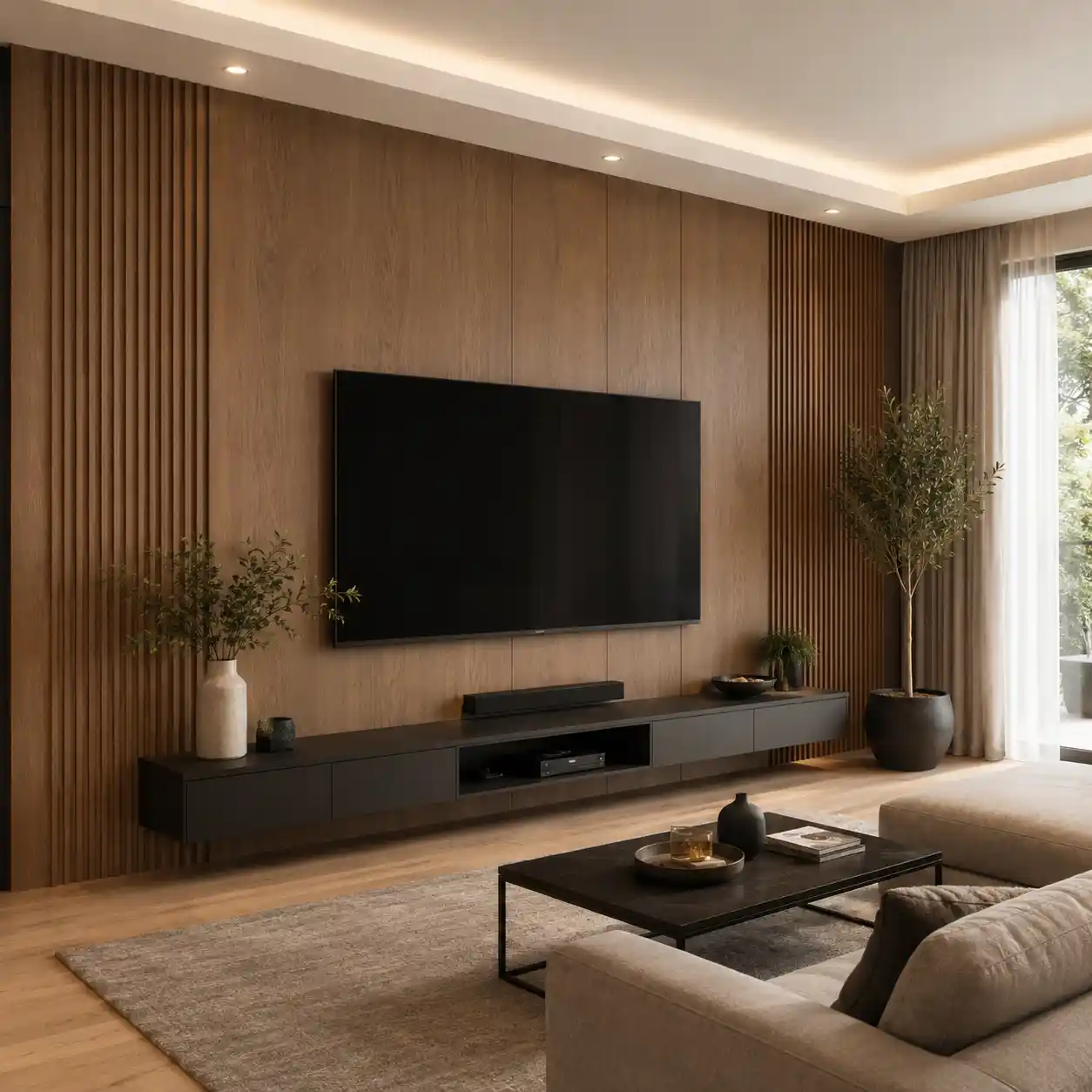 WPC interior wall panels used for a modern living room TV feature wall