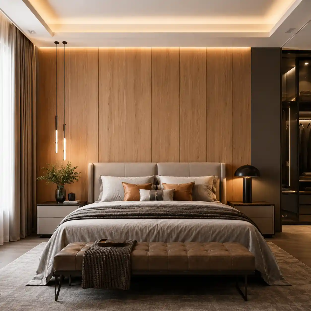 Wood-look WPC wall panels for bedroom headboard walls and villa interiors