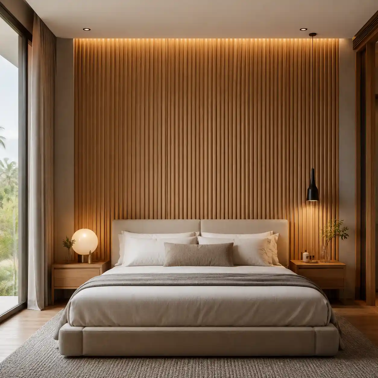 159mm round fluted panel used for a soft bedroom feature wall with reeded texture