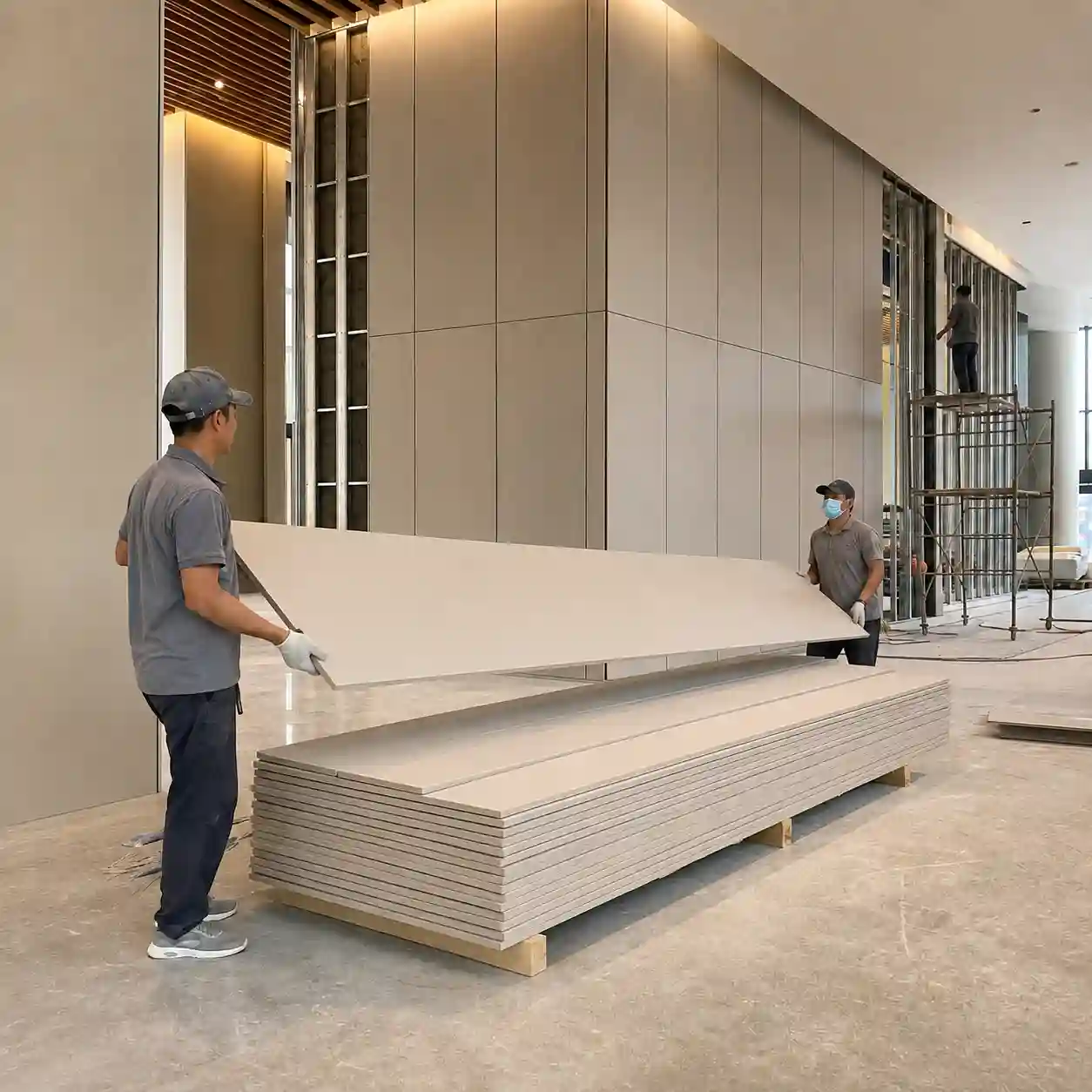Paneles de pared acanalados y huecos de 160 mm para el revestimiento de paredes interiores de grandes superficies y para facilitar su manipulación