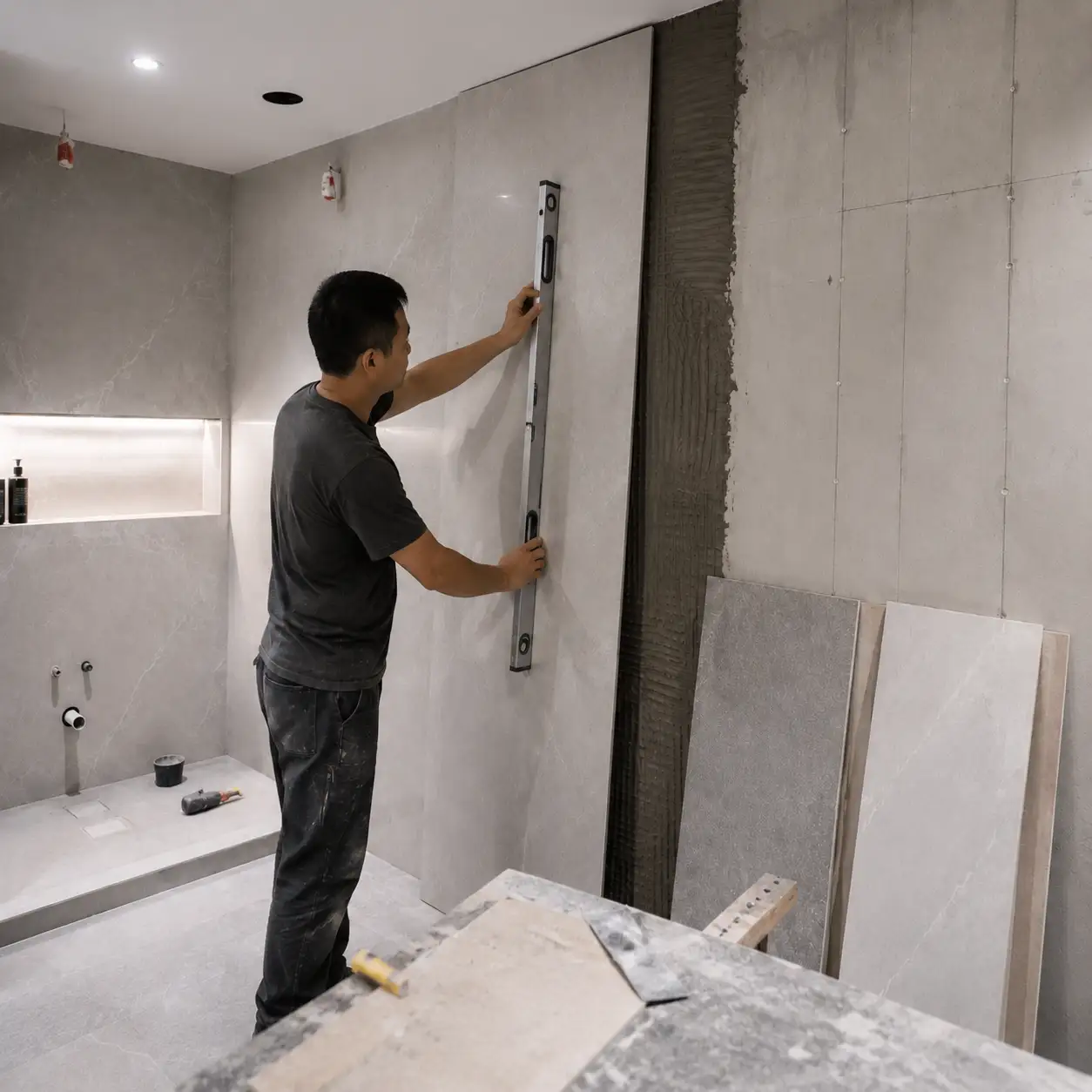 Checking flat wall substrate before bathroom waterproof wall panel installation