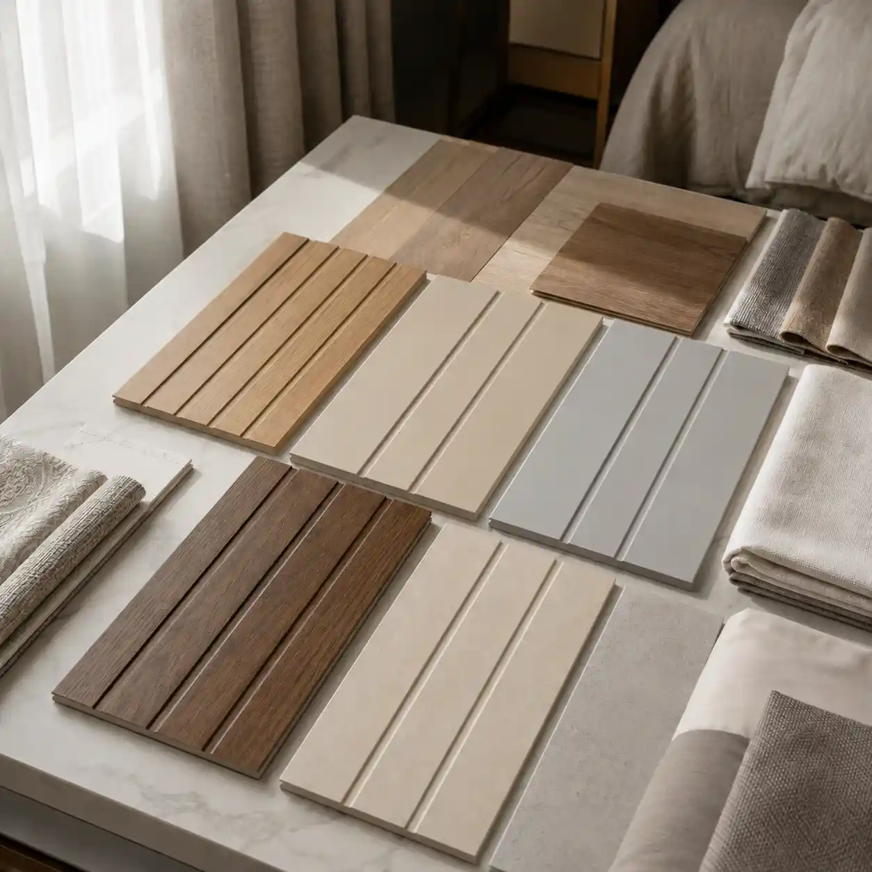Matte wood grain PVC wall panel finish samples for bedroom and villa interiors