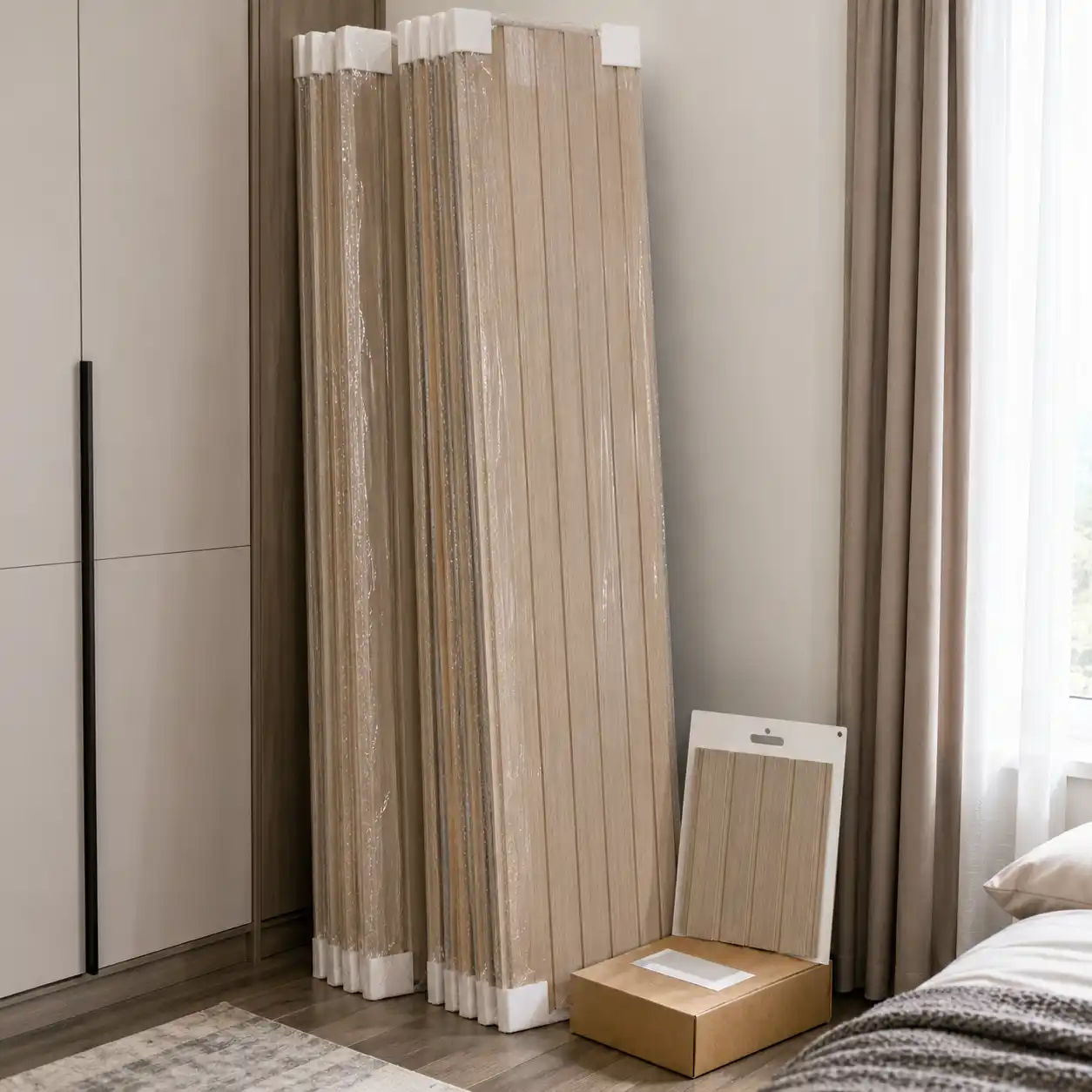 Spare PVC wall panels and finish code kept for future bedroom wall repair