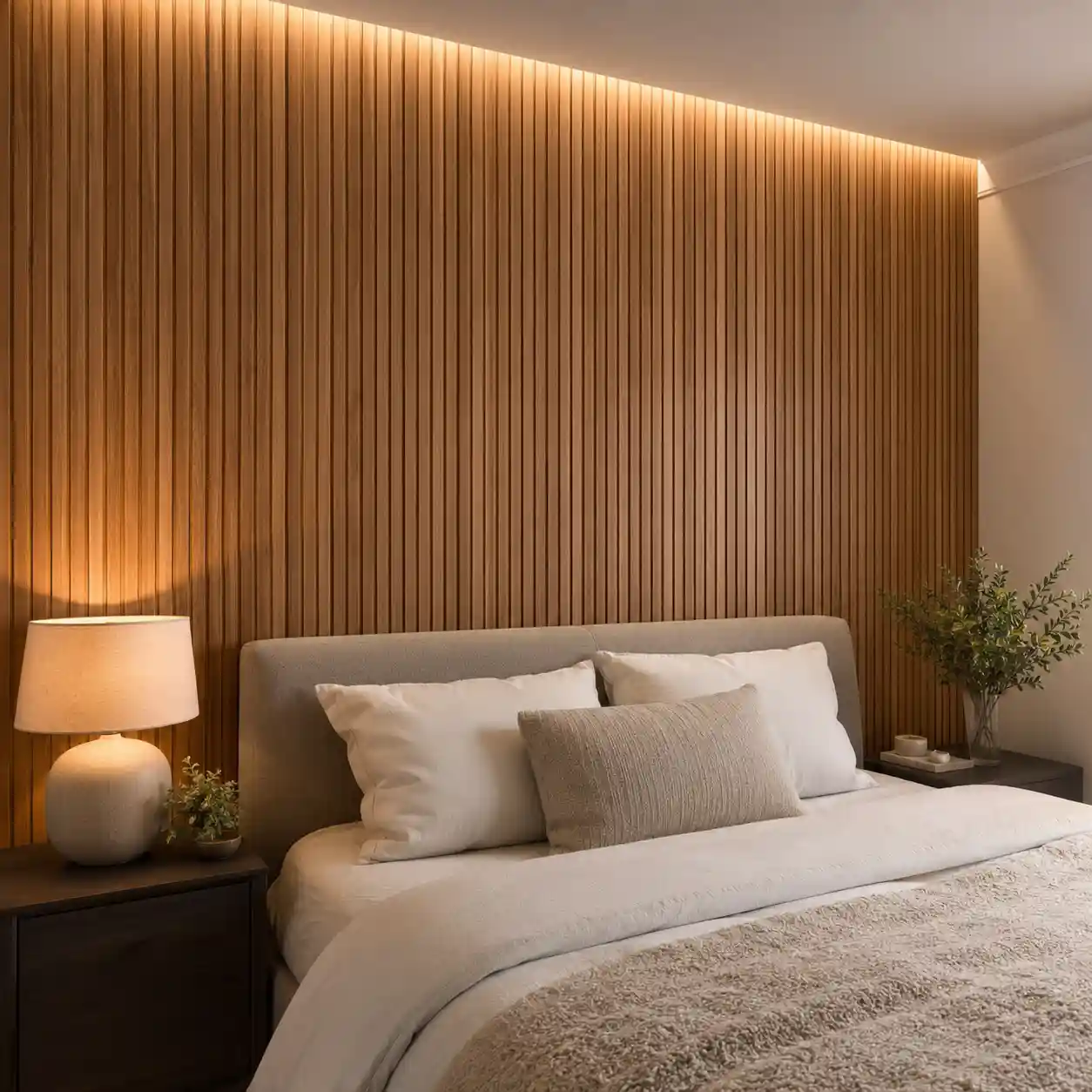 Bedroom PVC wall panels used for a warm headboard feature wall in home renovation