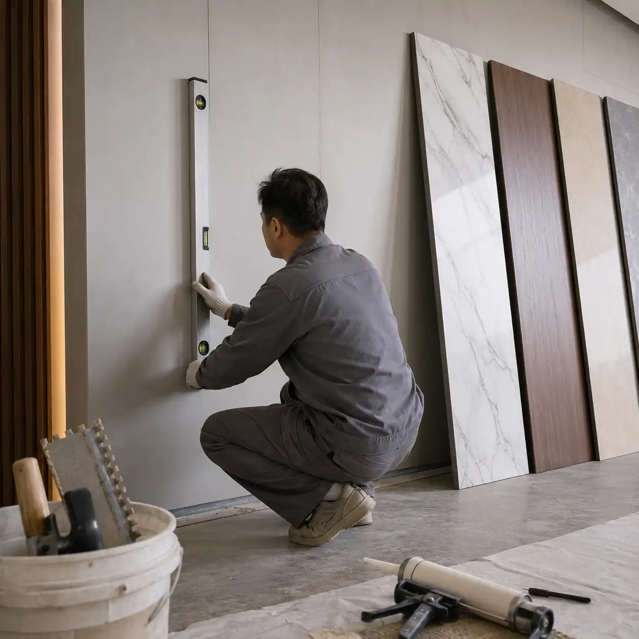 Checking flat wall condition before carbon crystal wall panel installation