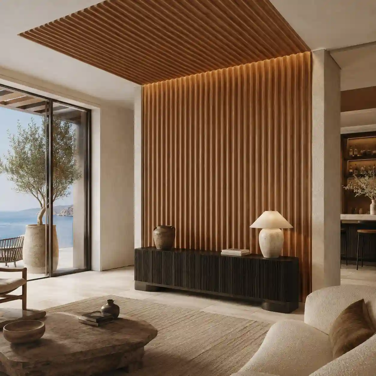 Curved fluted panels planned separately for interior walls and ceiling accents