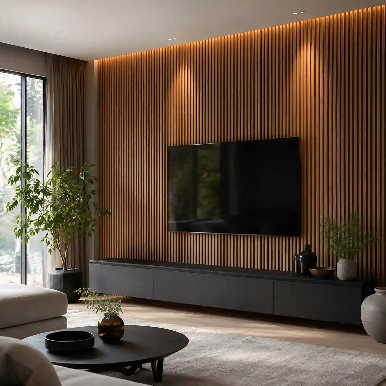 Decorative wall panels for home living room with wood fluted TV feature wall