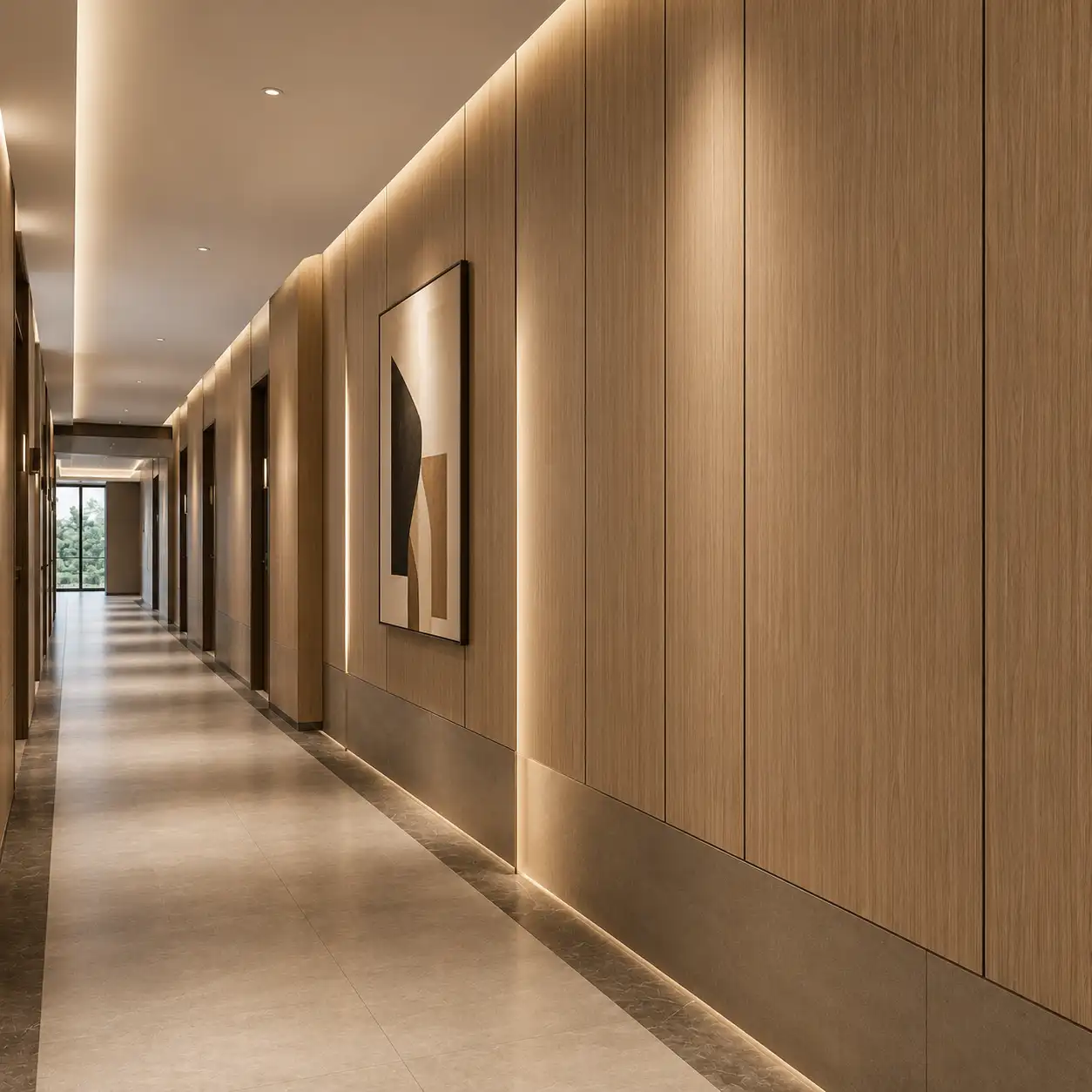 Decorative wall panels for hotel corridor renovation with durable wood look finish