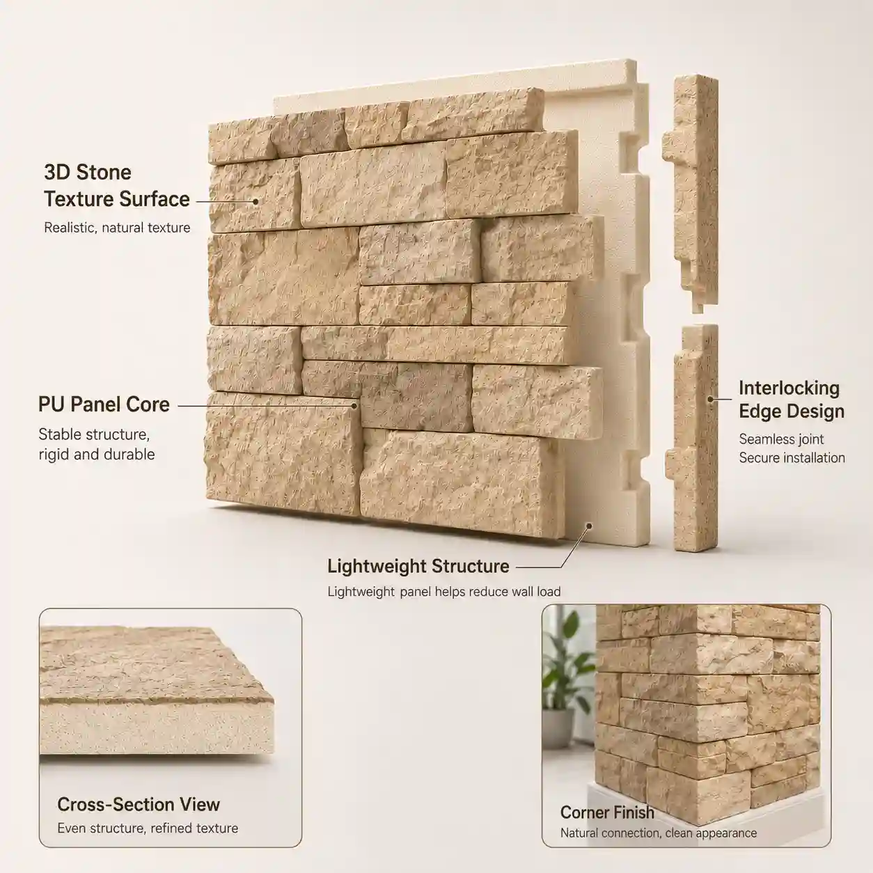 Close up of faux rock PU wall panel texture and surface detail