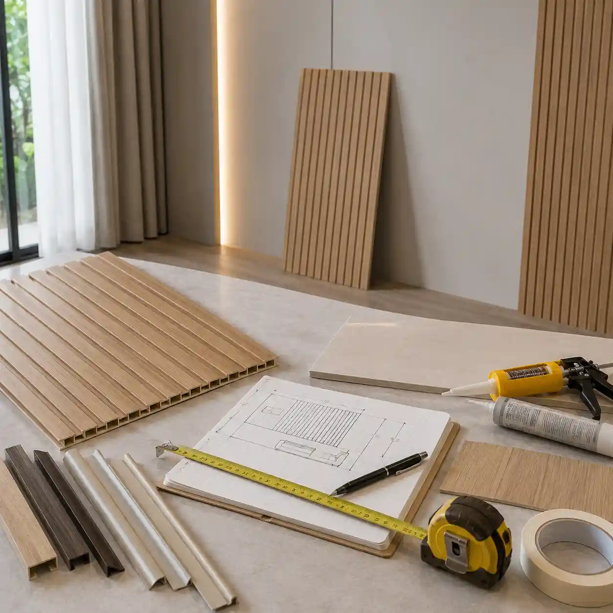 Fluted wall panel cost planning with measuring tape panel samples trims and adhesive