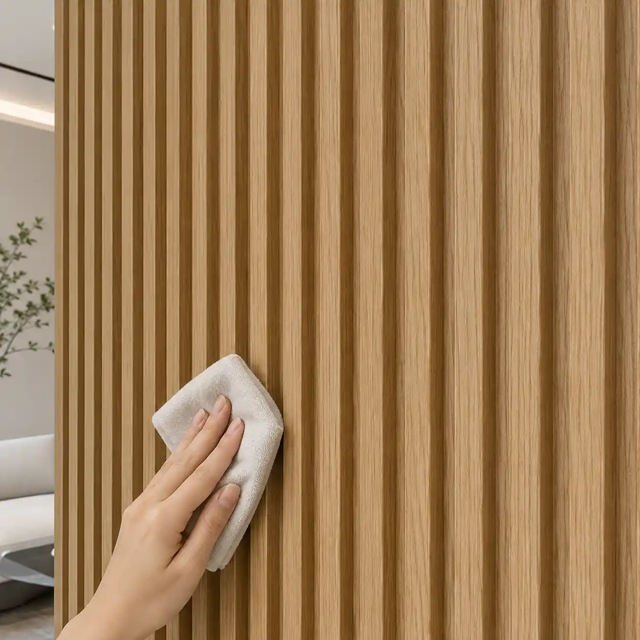 Close up of fluted wall panel groove profile showing wood grain surface and depth