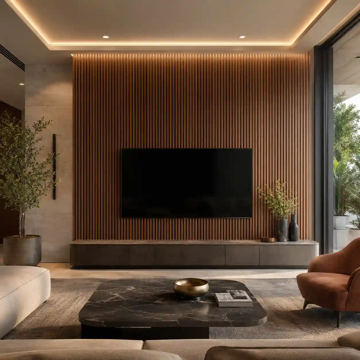 Fluted wall panels used for a modern wood feature wall in a villa living room