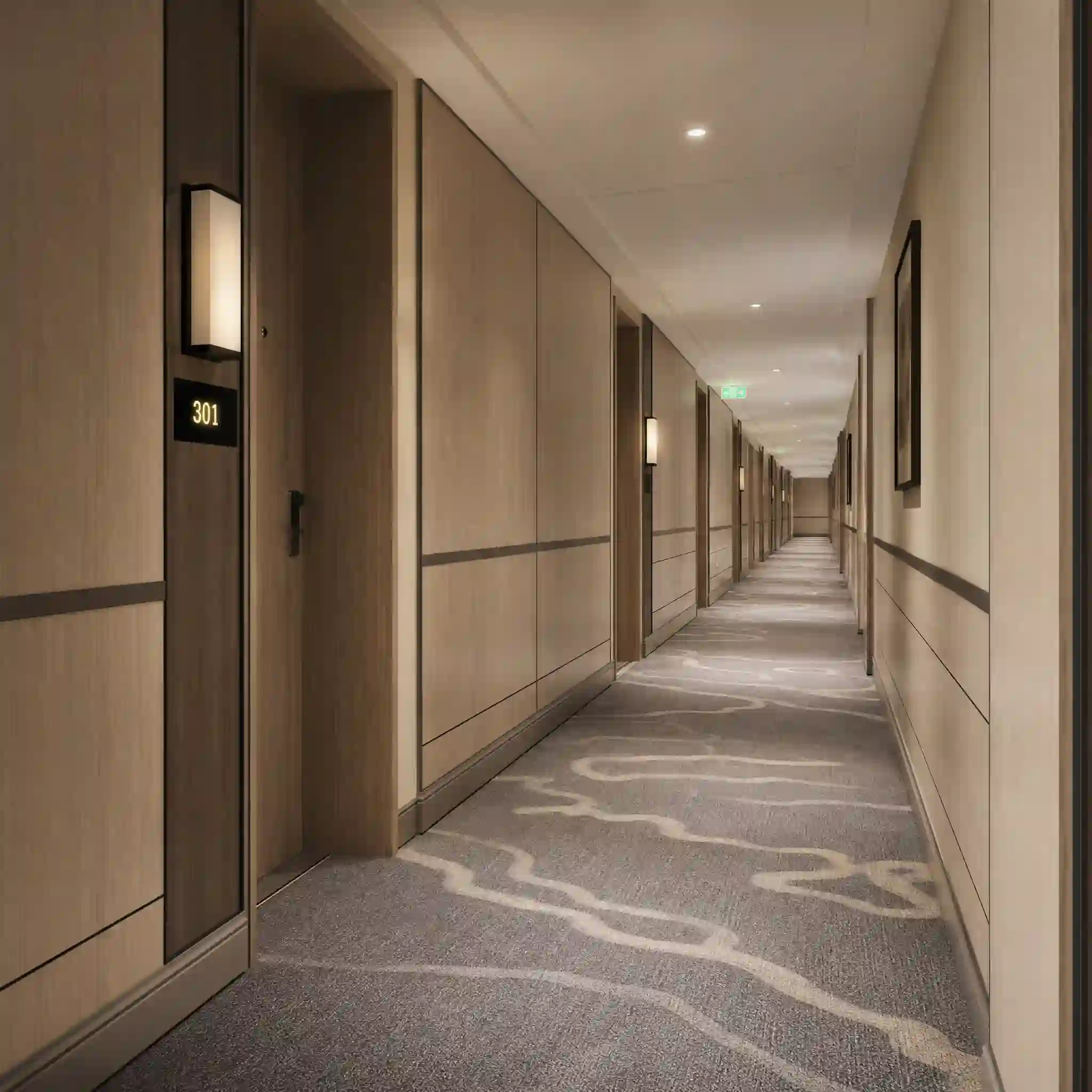 Easy clean hotel corridor wall panels for scuffs and maintenance